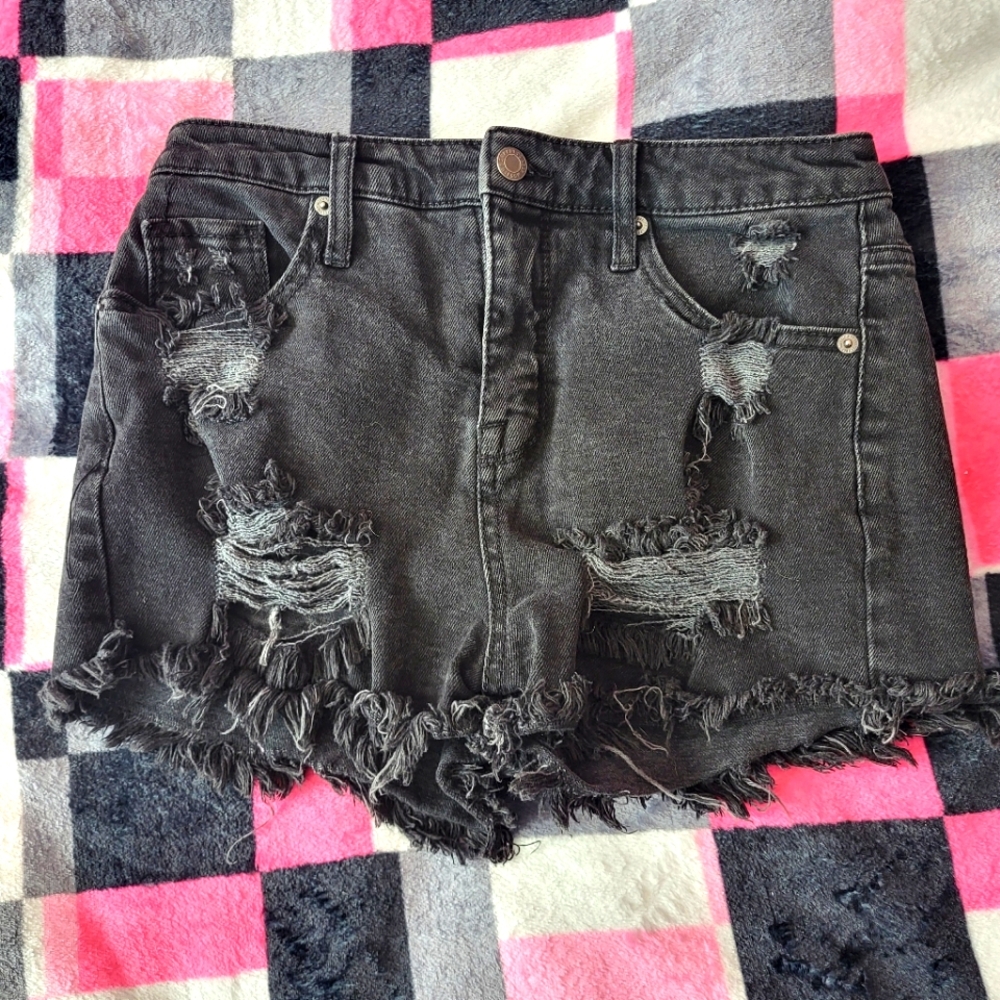 Distressed Black Grey Gray Denim Shorts